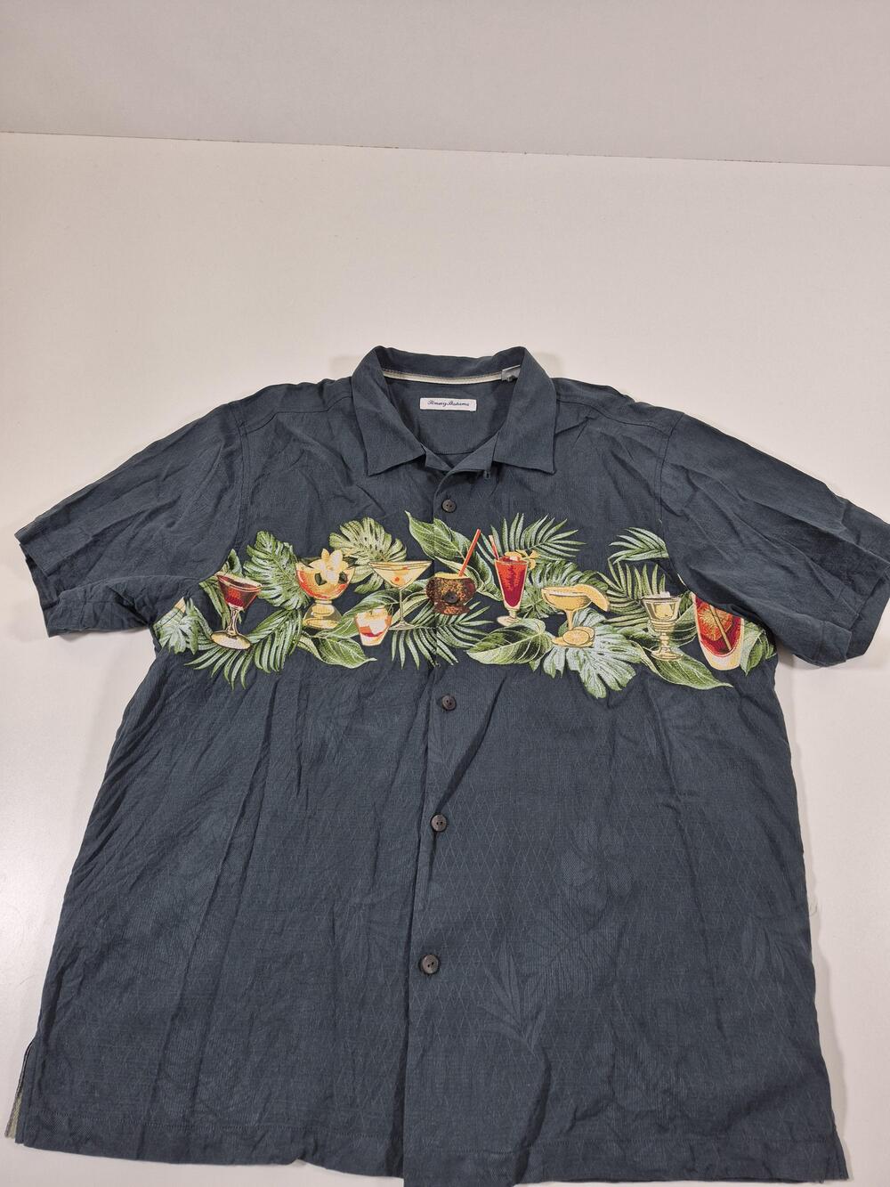 Tommy Bahama Men's XL Blue Embroidered Cocktail Silk Hawaiian Shirt Short Sleeve